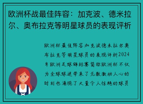 欧洲杯战最佳阵容：加克波、德米拉尔、奥布拉克等明星球员的表现评析