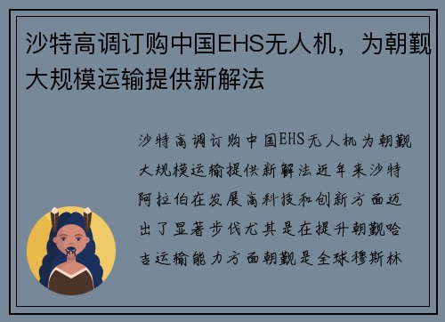 沙特高调订购中国EHS无人机，为朝觐大规模运输提供新解法