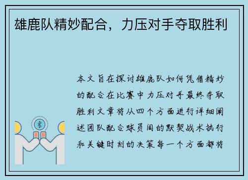 雄鹿队精妙配合，力压对手夺取胜利