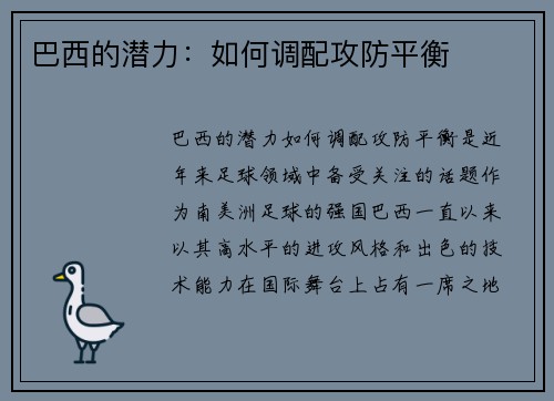 巴西的潜力：如何调配攻防平衡