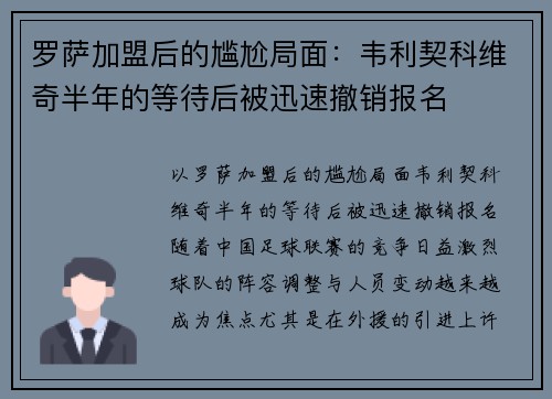 罗萨加盟后的尴尬局面：韦利契科维奇半年的等待后被迅速撤销报名