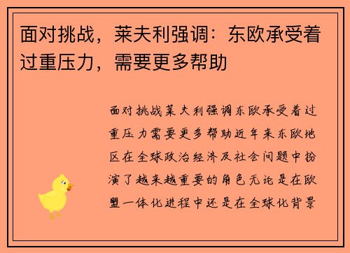 面对挑战，莱夫利强调：东欧承受着过重压力，需要更多帮助