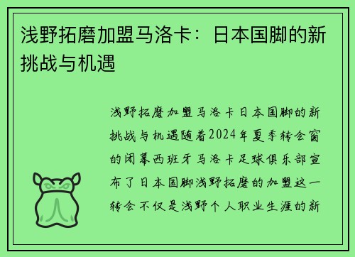 浅野拓磨加盟马洛卡：日本国脚的新挑战与机遇